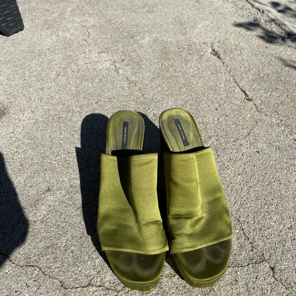 Olive satin mules, Zara, sz 8